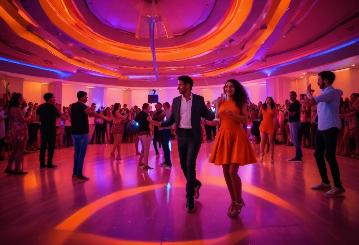 Ilustração gerada por IA de adolescentes dançando em uma plataforma 360 com luzes coloridas em uma festa de 15 anos