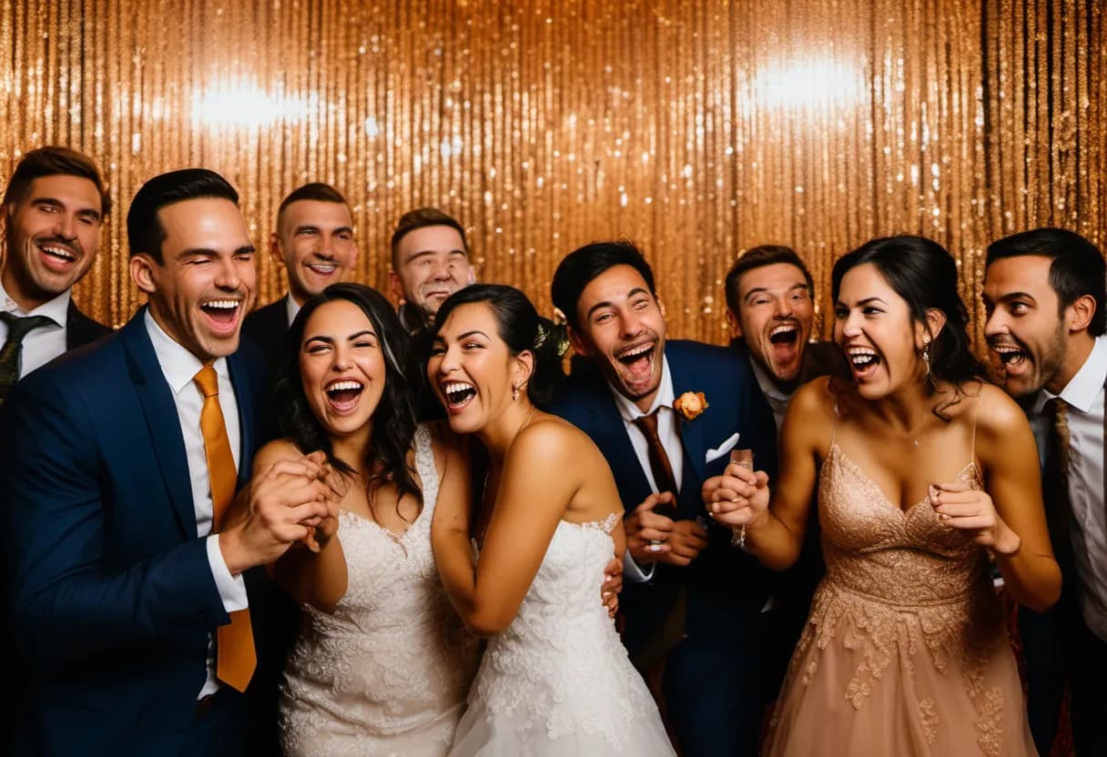 Ilustração gerada por IA de noivos e convidados posando diante de um espelho mágico de fotos em um casamento