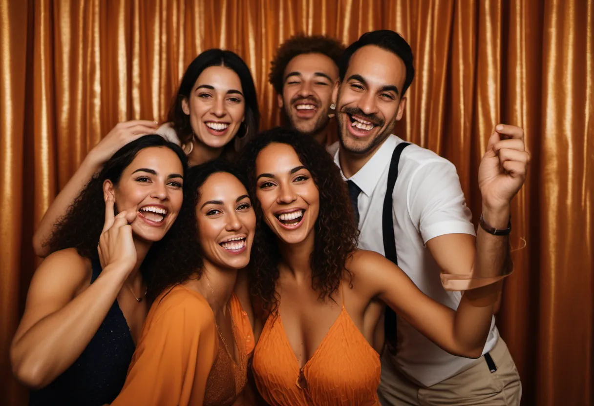 Ilustração gerada por IA de convidados usando uma cabine de fotos em uma festa em Brasília